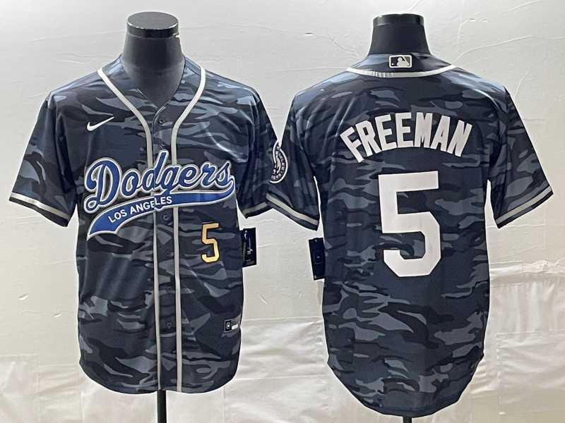 Men%27s Los Angeles Dodgers #5 Freddie Freeman Number Gray Camo Cool Base With Patch Stitched Baseball Jersey->los angeles dodgers->MLB Jersey